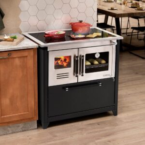 Fogão a Lenha com Forno D 85 Cm Chapa Vitrocerâmica Caixa Lenha Aço Inox Preto - Hidro