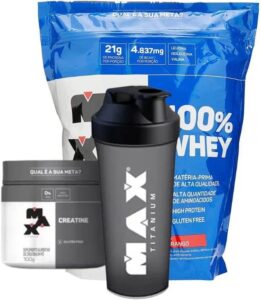 WHEY 100% 907G REFIL MAX TITANIUM + CREATINA 100G MAX TITANIUM + COQUETELEIRA (Baunilha)